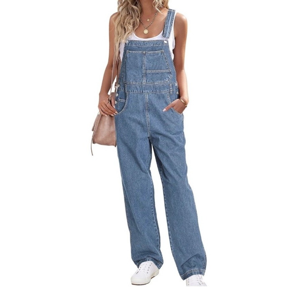 Luvamia Bib Overalls Loose Fit Stretchy Med Blue Denim Wide Leg Women's Size XL